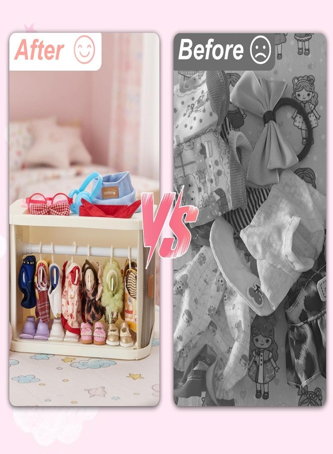 WhelvePoo Foldable Doll Wardrobe Closet Compatible with Labubu Clothes - Stackable Storage Box with 10 Hangers, Rod & Display Shelf for 15/17cm Doll Outfits (Translucent) - Image 4